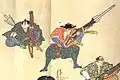 An Edo period wood block print showing samurai gunners using hiya zutsu (fire arrow guns) to fire bo-hiya.