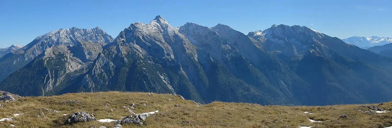 The Hochkalter mountains in the Berchtesgaden National Park seen from the Reiter Alpe