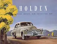 Front cover of the sales brochure for the Holden 48-215. The car was marketed simply as the "Holden".