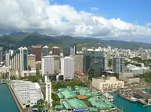 Downtown Honolulu featuring the Aloha Tower, the Falls of Clyde, and First Hawaiian Center.