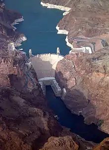 Image 98The Hoover Dam in the United States is a large conventional dammed-hydro facility, with an installed capacity of 2,080 MW. (from Hydroelectricity)