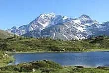 Lake Hopschu and Mount Fletschhorn in summer time.