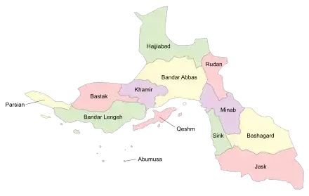 Location of Parsian County in Hormozgan province (left, yellow)