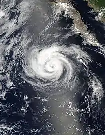 A satellite photo of Hurricane Howard off the coast of the Baja California peninsula on August 8, 2022.