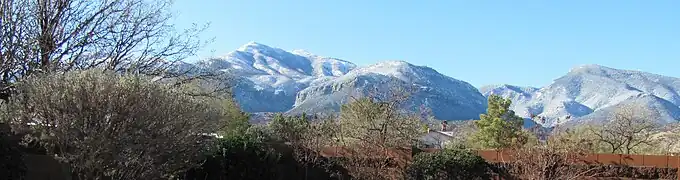 View of Carr Peak (middle left) and Ramsey Peak (right) in the Huachuca Mountains