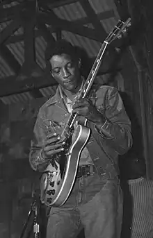 Hubert Sumlin playing guitar at the Ann Arbor Blues Festival, 1970, Ann Arbor, Michigan