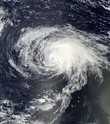 A visible satellite image of a well-organized Category 1 hurricane near peak intensity in the eastern Atlantic.