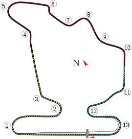 A track map of the Hungaroring circuit. The track has 16 corners, which range in sharpness from hairpins to gentle, sweeping turns. There are two long straights that link the corners together. The pit lane splits off from the track on the inside of Turn 16, and rejoins the track after the start-finish straight.