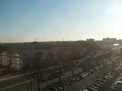 Huntington as seen from the Washington Metro; the lower parking deck of Huntington Station may be seen in the foreground.