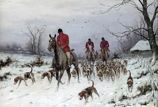 Huntsmen and hounds returning home in the snow