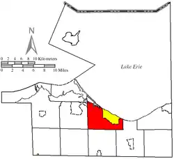 Location of Huron Township (red) in Erie County, adjacent to the city of Huron (yellow)