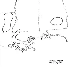 Contour map of rainfall totals around the Mississippi River Delta and the Gulf coast where the hurricane made landfall