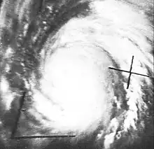 Black and white satellite image of a well-defined tropical cyclone at center left with sprawling rainbands. Due to the angle of the photo taken, the limb of the Earth is visible at far left.