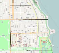 The official Hyde Park community area (bold black) and the unofficial Hyde Park-Kenwood neighborhood extending into the official Kenwood community area (thin black).