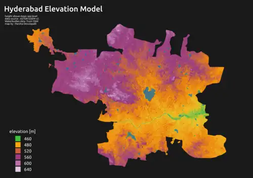 Image 4The elevation model of Hyderabad and Secunderabad areas, created using ASTER GDEM v2 Data. (from Geography of Hyderabad)