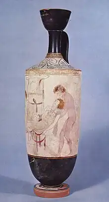 Image 1A scene from the Iliad: Hypnos and Thanatos carrying the body of Sarpedon from the battlefield of Troy; detail from an Attic white-ground lekythos, c. 440 BC (from Ancient Greece)