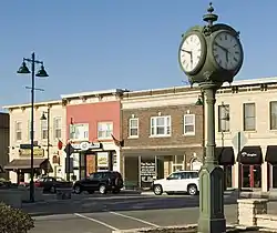 Budnik Plaza clock and Stephen Street facades in historic downtown Lemont