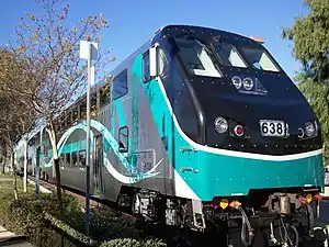 Metrolink's new Hyundai Rotem Cab Car at Virginia Colony in the City of Moorpark