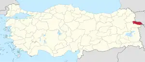 Iğdır highlighted in red on a beige political map of Turkeym