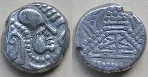 Drachma of the Saindhava or Chalukya dynasties dating from about 800–950. The front represents a bust, turned right of Indo-Sassanian style with points, and the back contains a stylized fire. of Jayadratha dynasty