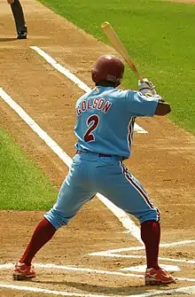 A man in a light-blue baseball uniform, maroon batting helmet, and maroon baseball socks holding a tan baseball bat over his right shoulder