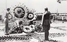 Bose visiting the now-demolished INA Memorial at Esplanade Park during June 1945.