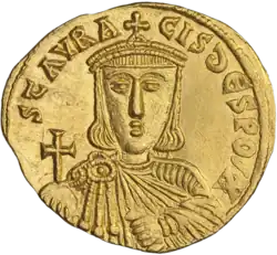 An image of a golden coin bearing the front-facing image of Staurakios, who is adorned with imperial regalia