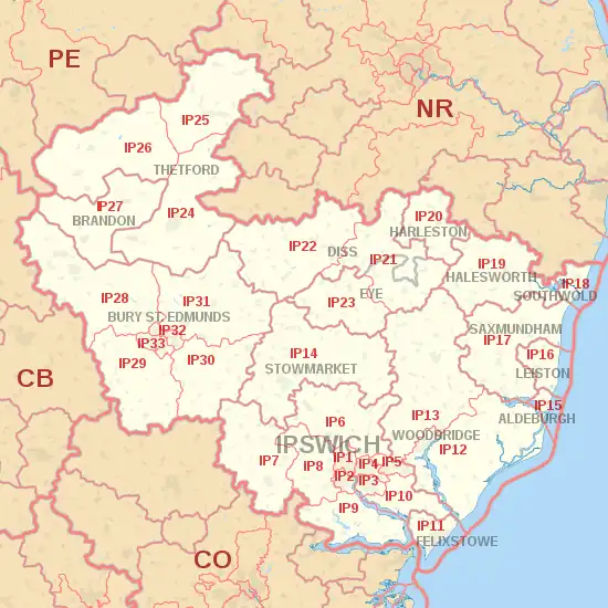 IP postcode area map, showing postcode districts, post towns and neighbouring postcode areas.