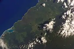 Satellite image of Savai'i north west with Asau harbour, lava fields and Aopo inland. (NASA photo, 2002)