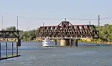 The swing span turned to allow a boat to pass