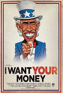 Caricature of United States President Barack Obama wearing an Uncle Sam hat and blue jacket point his right-hand index finger at the viewer above the title of movie.