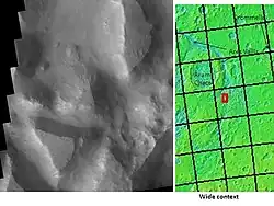 Iani Chaos, as seen by THEMIS.  Sand from eroding mesas is covering brighter floor material.  Click on image to see relationship of Iani Chaos to other local features.  Image from Margaritifer Sinus quadrangle.