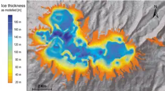 The thickest ice lies in the western portion, while marginal ice is thinner.