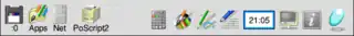 Screenshot of the icon bar under RISC OS 5 showing the following: Left portion, from left –  Discs (in this case a single USB flash drive via SCSIFS), Apps folder (Resources:$.Apps), OmniClient (Network Filer), Printers, Right portion, from right –  Task Manager, Help, Display Manager, Alarm, Edit, Draw, Paint, SciCalc