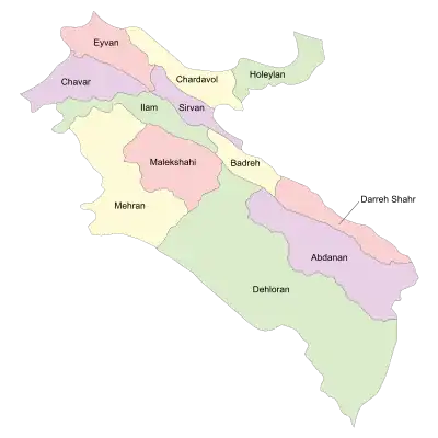 Location of Badreh County in Ilam province (center, yellow)