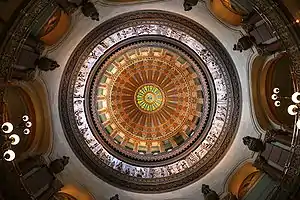 Image 47The dome of the Illinois State Capitol.  Designed by architects Cochrane and Garnsey, the dome's interior features a plaster frieze painted to resemble bronze and illustrating scenes from Illinois history. Stained glass windows, including a stained glass replica of the State Seal, appear in the oculus. Ground was first broken for the new capitol on March 11, 1869, and it was completed twenty years later. Photo credit: Daniel Schwen (from Portal:Illinois/Selected picture)