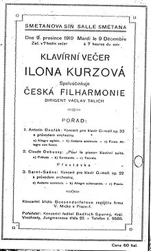 Premiere of Dvořák's Piano Concerto in G minor, Op. 33, reworked by Vilém Kurz, 9 December 1919, Ilona Kurzová, Czech Philharmonic Orchestra conducted by Václav Talich