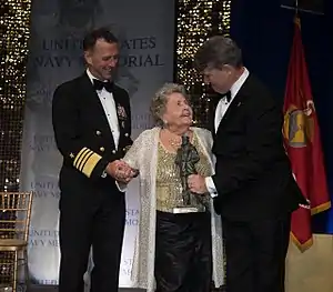 CNO Richardson and Rear Admiral Frank Thorp IV, USN (Ret.), President & CEO of the Navy Memorial, honoring Ima Black and her late husband Delbert D. Black, the first Master Chief Petty Officer of the Navy, at the 2017 Lone Sailor Awards Dinner