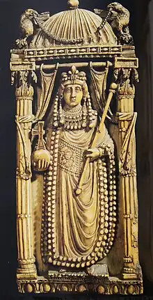 Byzantine festoon at the top of a relief of Empress Ariadne, c.500, ivory, National Bargello Museum, Florence, Italy