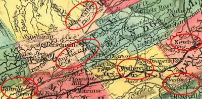 Old map showing key points in 1861 Wytheville Virginia area