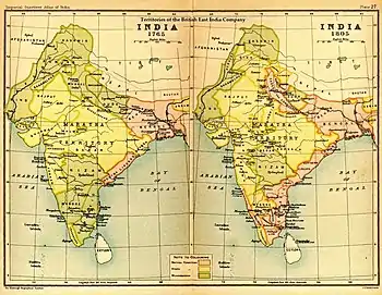 India in 1765 and 1805 showing East India Company Territories in pink.