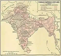 A map of the Indian Empire in 1915 delineating areas which were in the British Raj and those which were princely kingdoms.