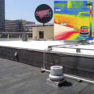 Infrared image shows excellent heat reflective properties of elastomeric roof coatings.