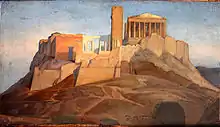 Painting of the Acropolis of Athens: a large tower is visible in the middle, next to a classical building.