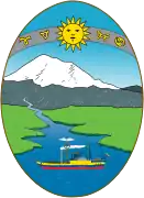 Shield of the coat of arms of Ecuador, with Inti above the land