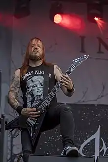 Jani Liimatainen performing with Insomnium at John Smith Rock Festival 2019.