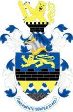 a blue, yellow and black coat of arms with lions