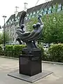 International Brigades Memorial with LCC building. Stays for the London Eye can also be seen.