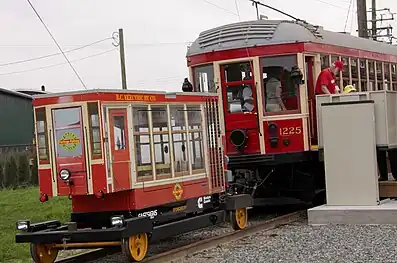 The Fraser Valley Historical Railway Society  single vehicle does not use a trolley-pole, instead it is powered by a generator towed on a small flatcar.