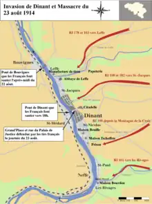 Carte représentant les 4 axes d'invasion de la rive droite dinantaise.